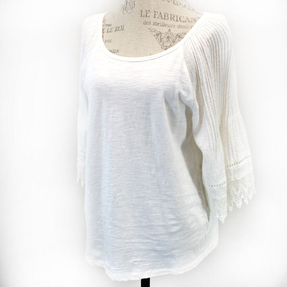 Eri + Ali white cotton slub peasant crochet blouse top Medium
